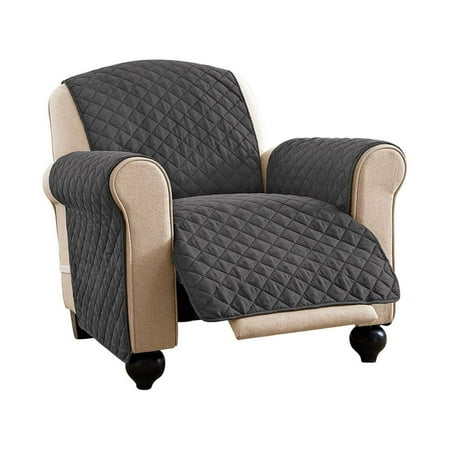 Collections Etc Reversible Spill Resistant Quilted Furniture Protector Cover with Ties - Covers Seat Bottom, Seat Back and 2 Seat Arms, Slate Grey/Silv, Recliner