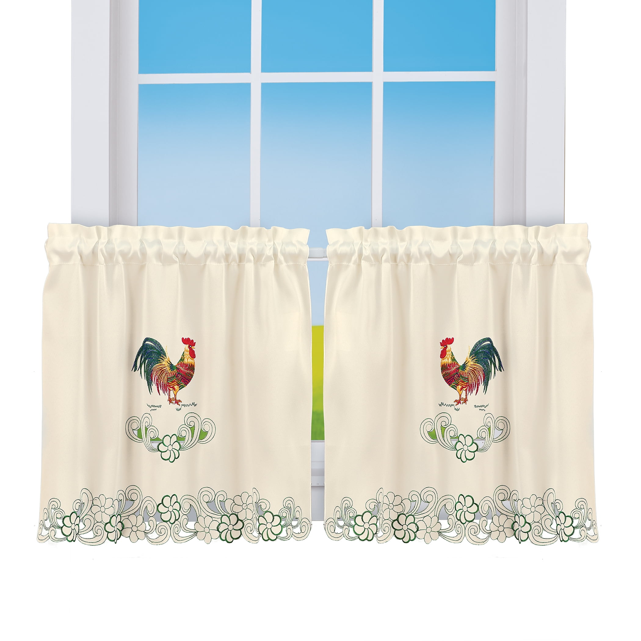Collections Etc Rooster Embroidered Kitchen Window Curtains