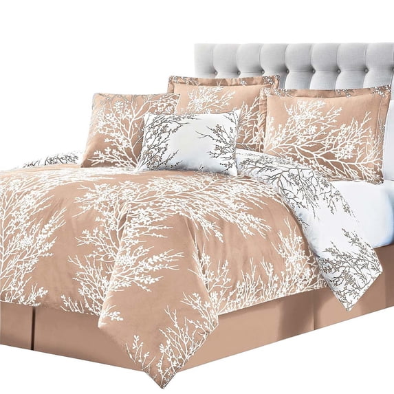 Collections Etc SL Spirit Linen Home EST. 1988 Foliage Collection Comforter Set - Oversized Reversible Bedding, Pre-Washed for Extra Softness, King, Taupe Ivory