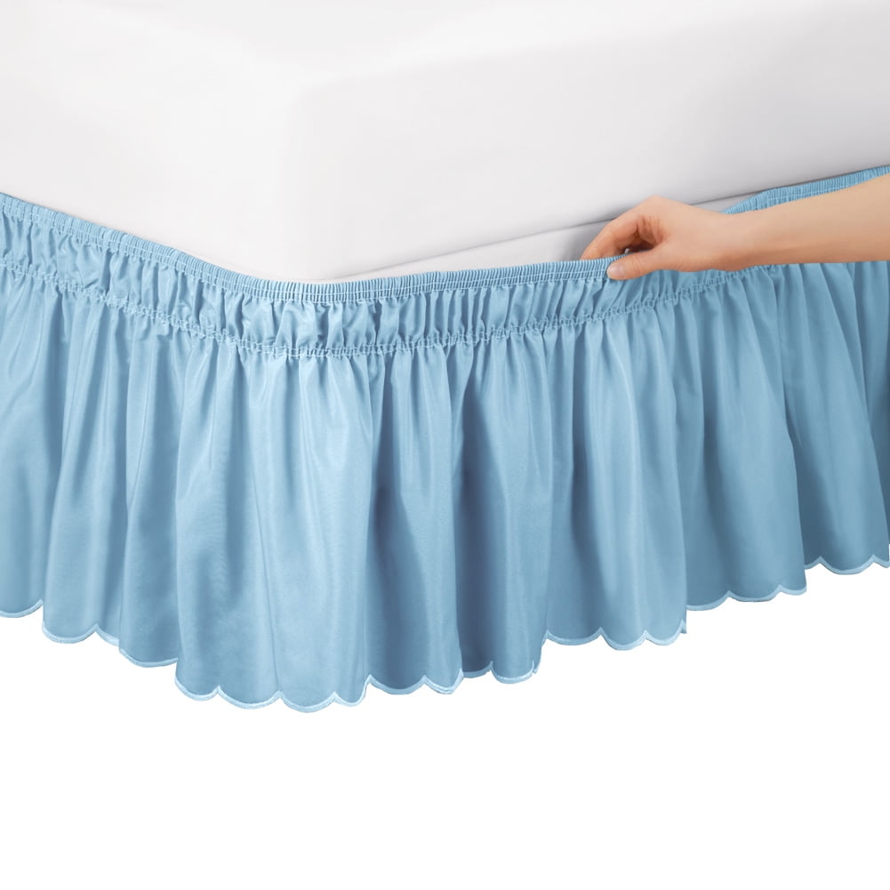 Blue Queen/King Scalloped Elastic Bed Wrap Around Ruffle Bedskirt