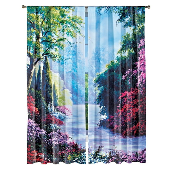 Collections Etc Scenic Garden Path Window Drapes - Rod Pocket Top for Easy Hanging - Machine Washable - Polyester - 84" L x 36" W