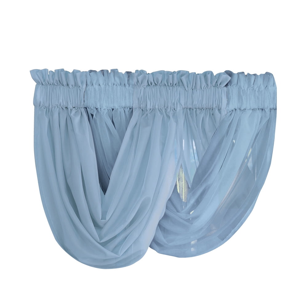 Collections Etc Scoop Two-Piece Rod Pocket Solid-Colored Sheer Valances for Windows, Decorative Accent and Added Privacy for Any Room in Home, Blue