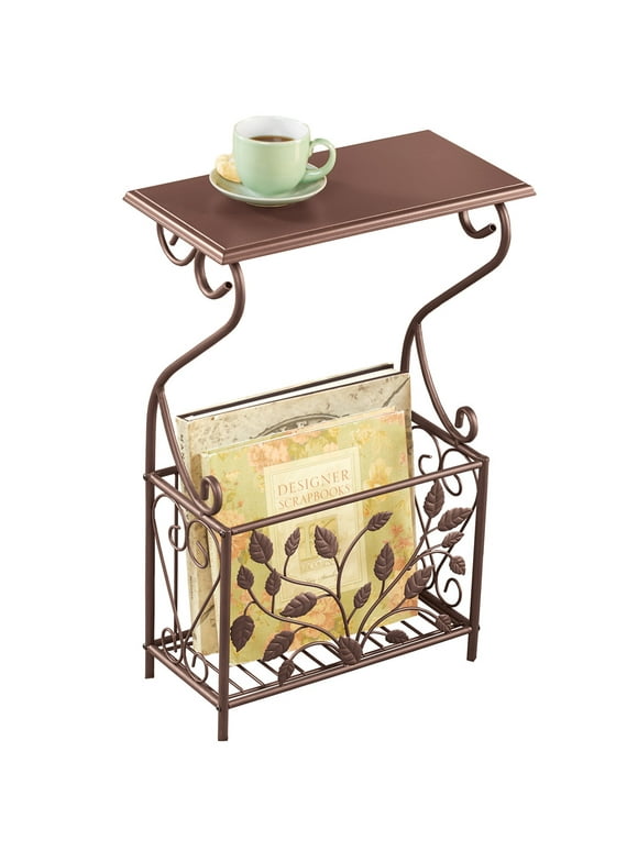 Collections Etc Scroll Leaves Iron and Wood Magazine Holder Side Table, Bronze Colored Finish