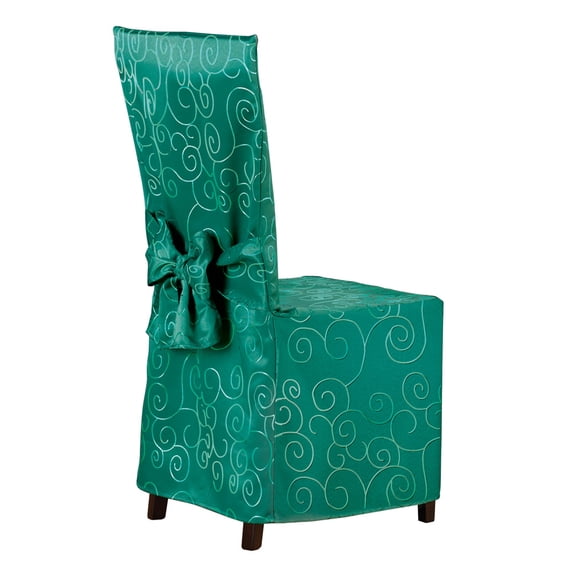 Collections Etc Scroll Patterned Elegant Dining Chair Cover - Fancy Dinging Room Décor, Forest Green