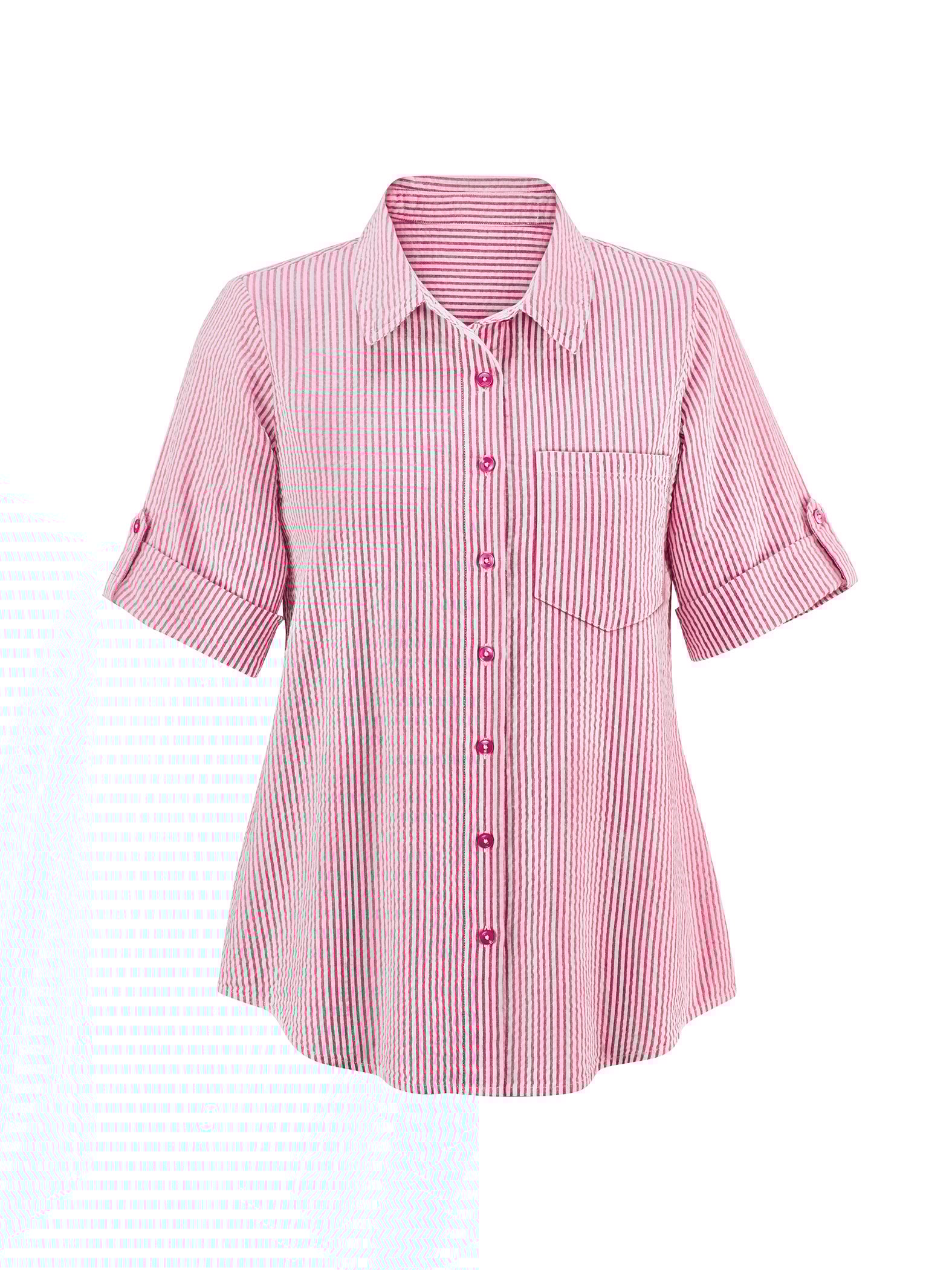 Collections Etc Seersucker RollTab Short Sleeve ButtonFront Shirt