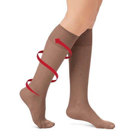 Collections Etc Sheer Non-Binding Non-Run Support Knee Hi Stocking Hosiery, 6 Pack, Tan, Regular - Made in the USA