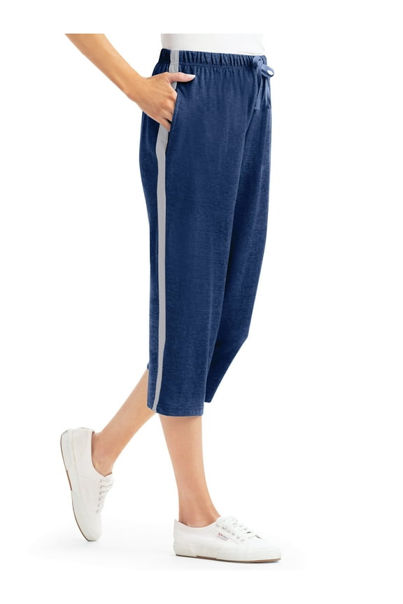 Collections Etc Side Stripe Drawstring Casual Knit Capri Pants | Machine Washable | Cotton, Polyester | Elasticized Waistband | With Pockets Included
