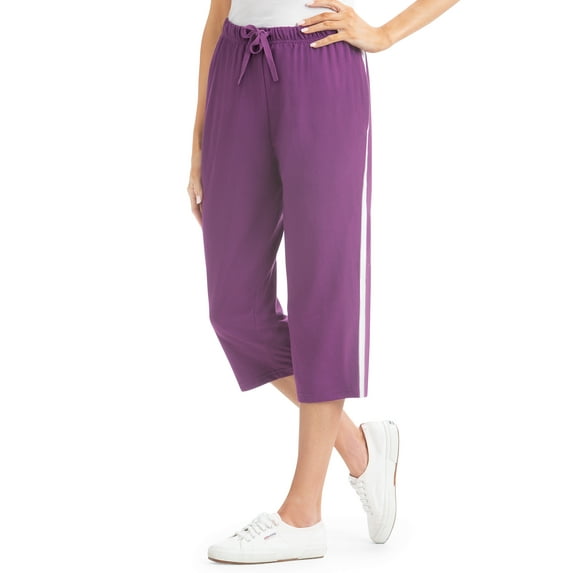 Collections Etc Side Stripe Drawstring Casual Knit Capri Pants | Machine Washable | Cotton, Polyester | Elasticized Waistband | With Pockets Included
