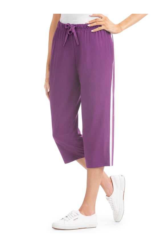 Collections Etc Side Stripe Drawstring Casual Knit Capri Pants | Machine Washable | Cotton, Polyester | Elasticized Waistband | With Pockets Included