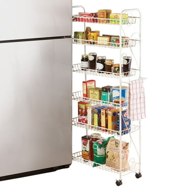 Collections Etc Slim Rolling Pantry 6-Tier Shelf, White Metal with Elegant Scroll Design Accent - Extra Kitchen and Bathroom Storage, 10"