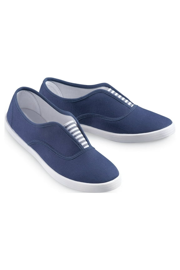 Collections Etc Slip-On Sneaker Shoes with Padded Insoles and Stripe Accent, Cotton, Navy, 8