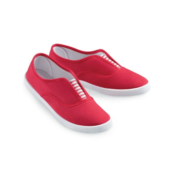 Collections Etc Slip-On Sneaker Shoes with Padded Insoles and Stripe Accent, Cotton, Red, 8