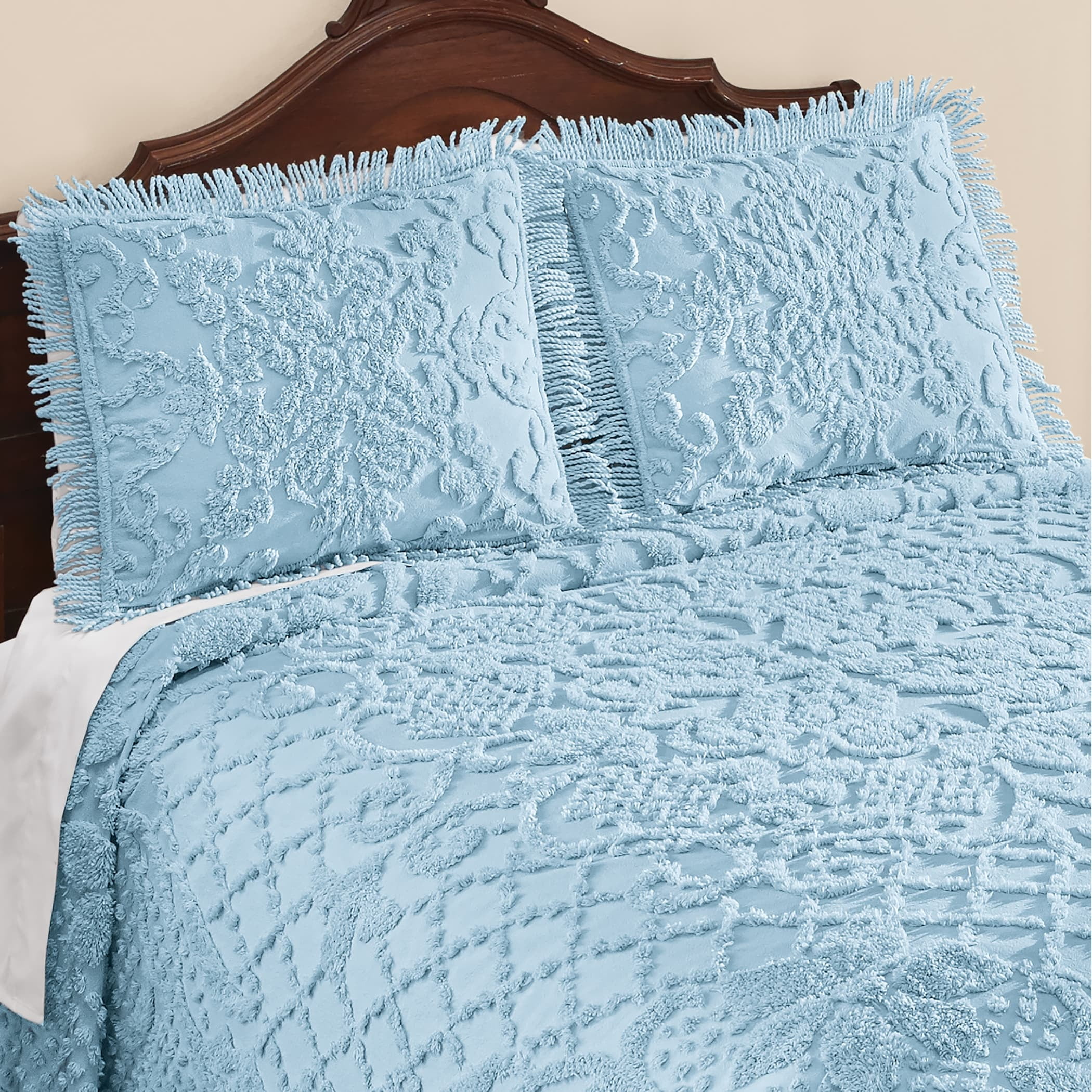 Blue Cotton and Polyester Diamond Pattern Chenille Pillow Sham