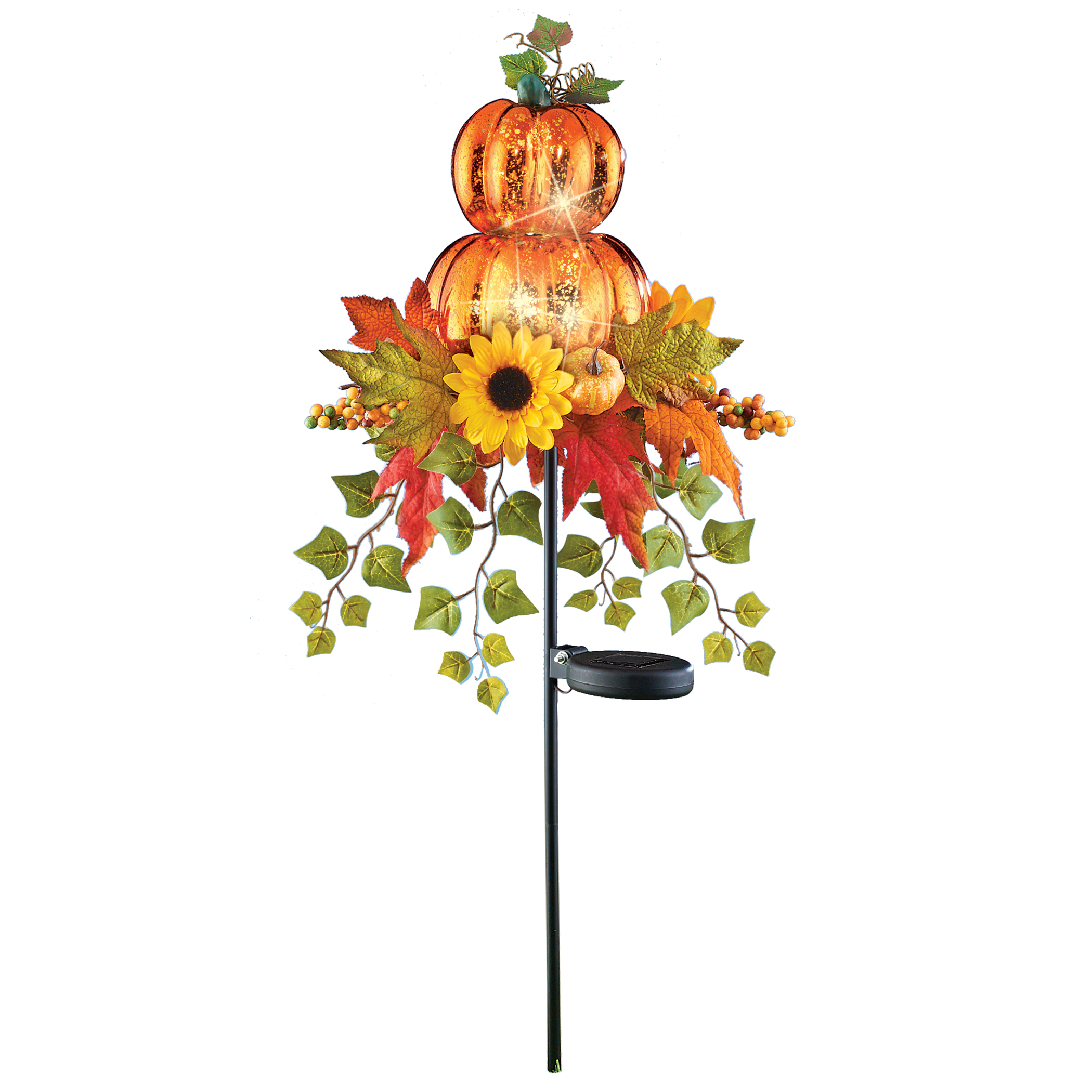Collections Etc Solar Powered Pumpkin with Floral Garden Stake