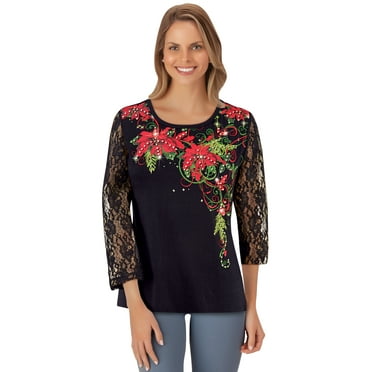 Collections Etc Sparkling Sequin Accented Poinsettia with Lace Sleeves Top