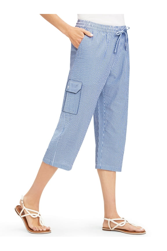 Collections Etc Striped Seersucker Drawstring Cargo Pocket Capri Pants
