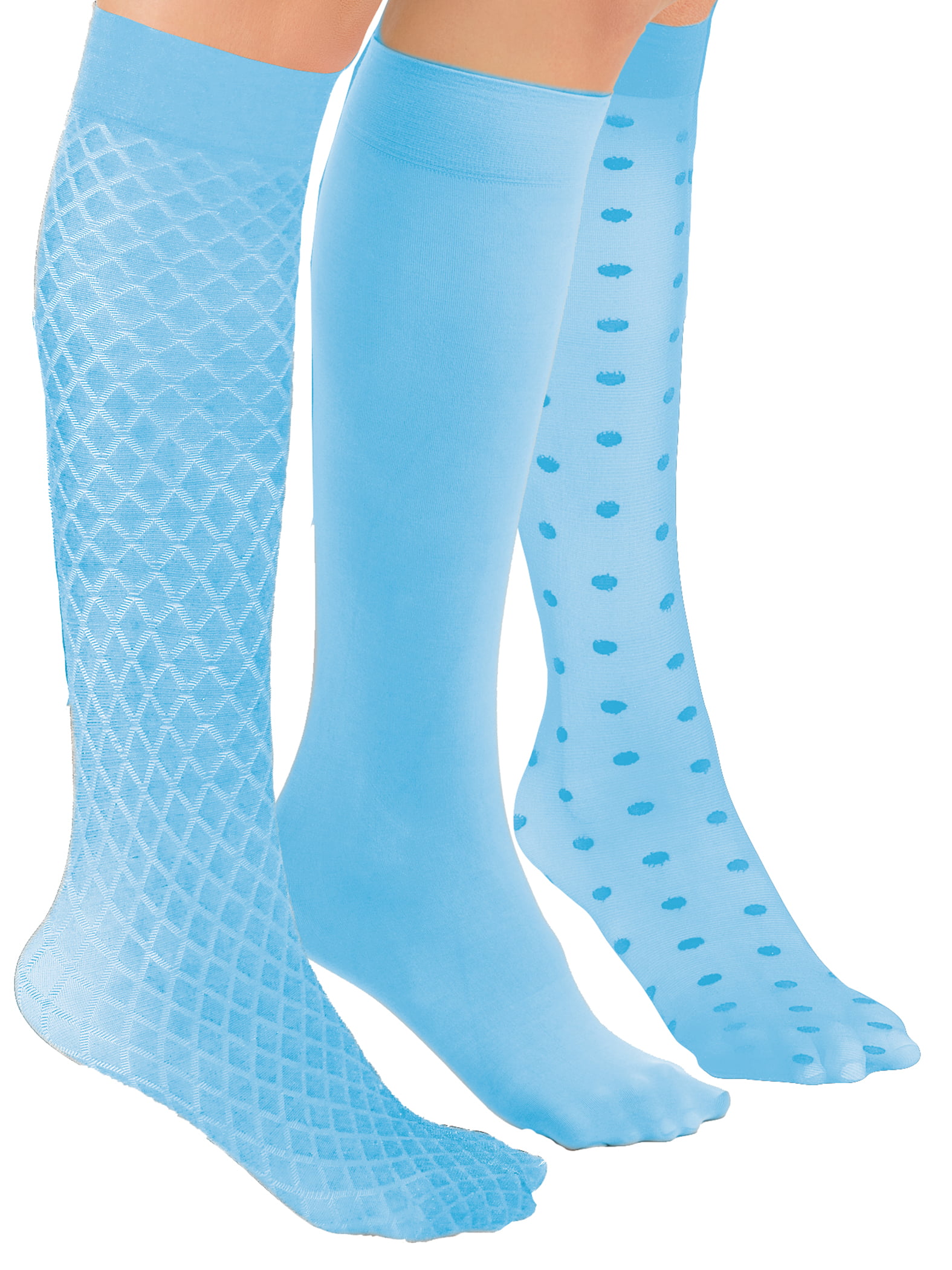 Collections Etc Stylish Compression Knee High Stockings, 3 Pairs Light Blue  Queen