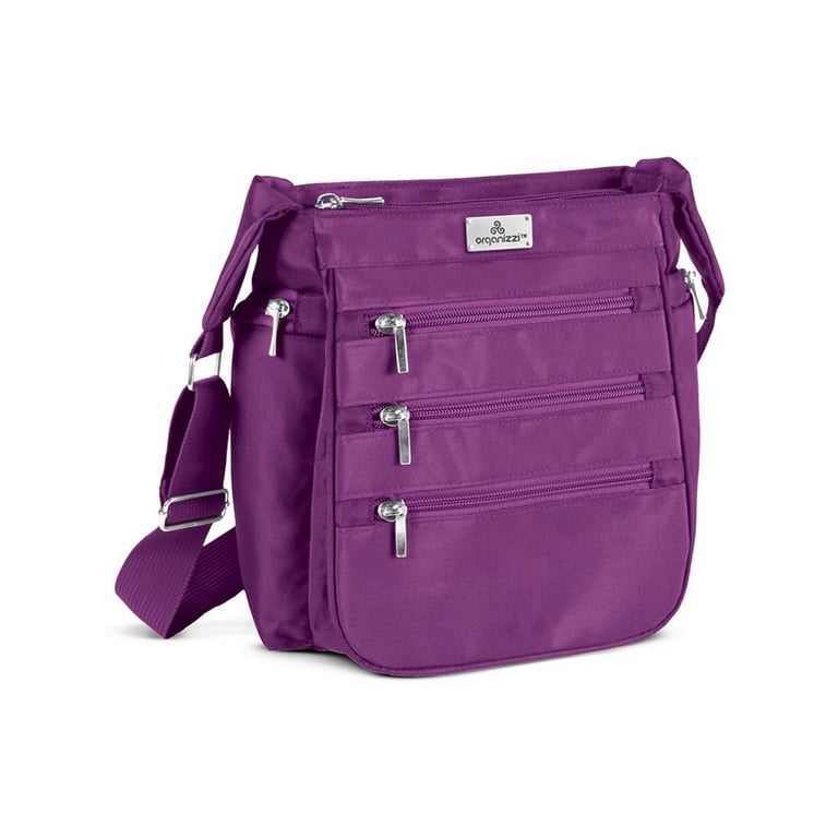 Collections Etc Stylish RFID Blocking Protection Organizzi Handbag with Multiple Zippered Pockets and Adjustable Strap Eggplant