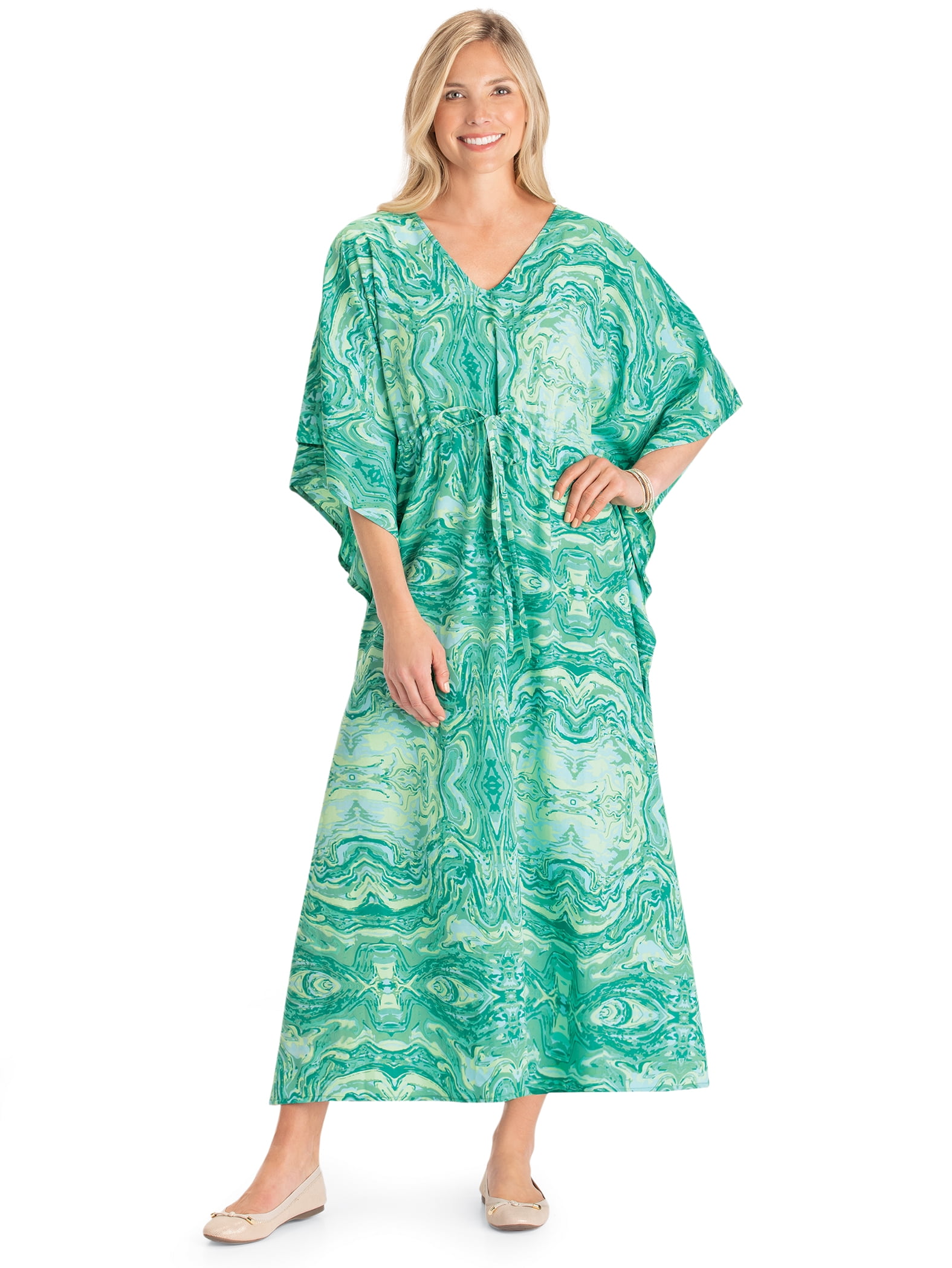 Collections Etc Swirl Design Cinched Waist VNeck Caftan