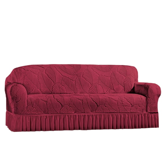 Collections Etc Textured Leaf Design Ruffled Skirt Slipcover Burgundy Sofa