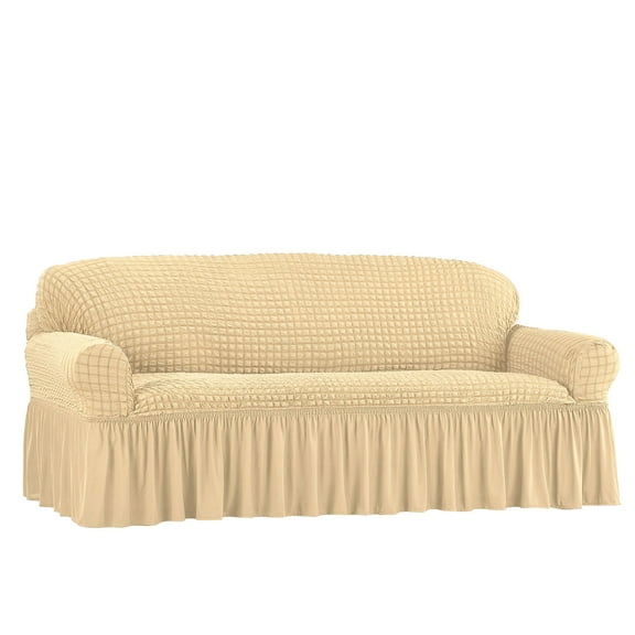 Collections Etc Textured Squares Ruffled Slipcover Beige Sofa