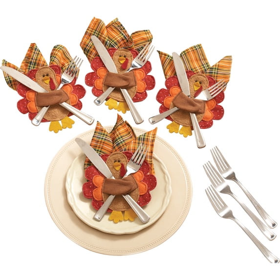 Collections Etc Thanksgiving Turkey Silverware & Napkin Holders - Set of 4