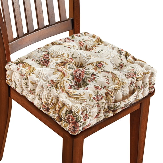 Collections Etc Thick Padded Tapestry Booster Tufted Chair Cushion Tan CHAIR PAD