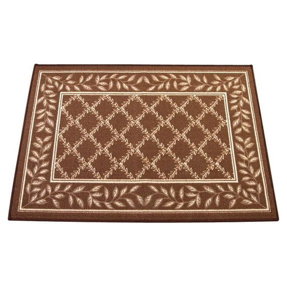 Collections Etc Two-Tone Lattice Rug with Leaf Border with Skid-Resistant Backing, Home Decor and Floor Protection, Chocolate, 24" X 36"