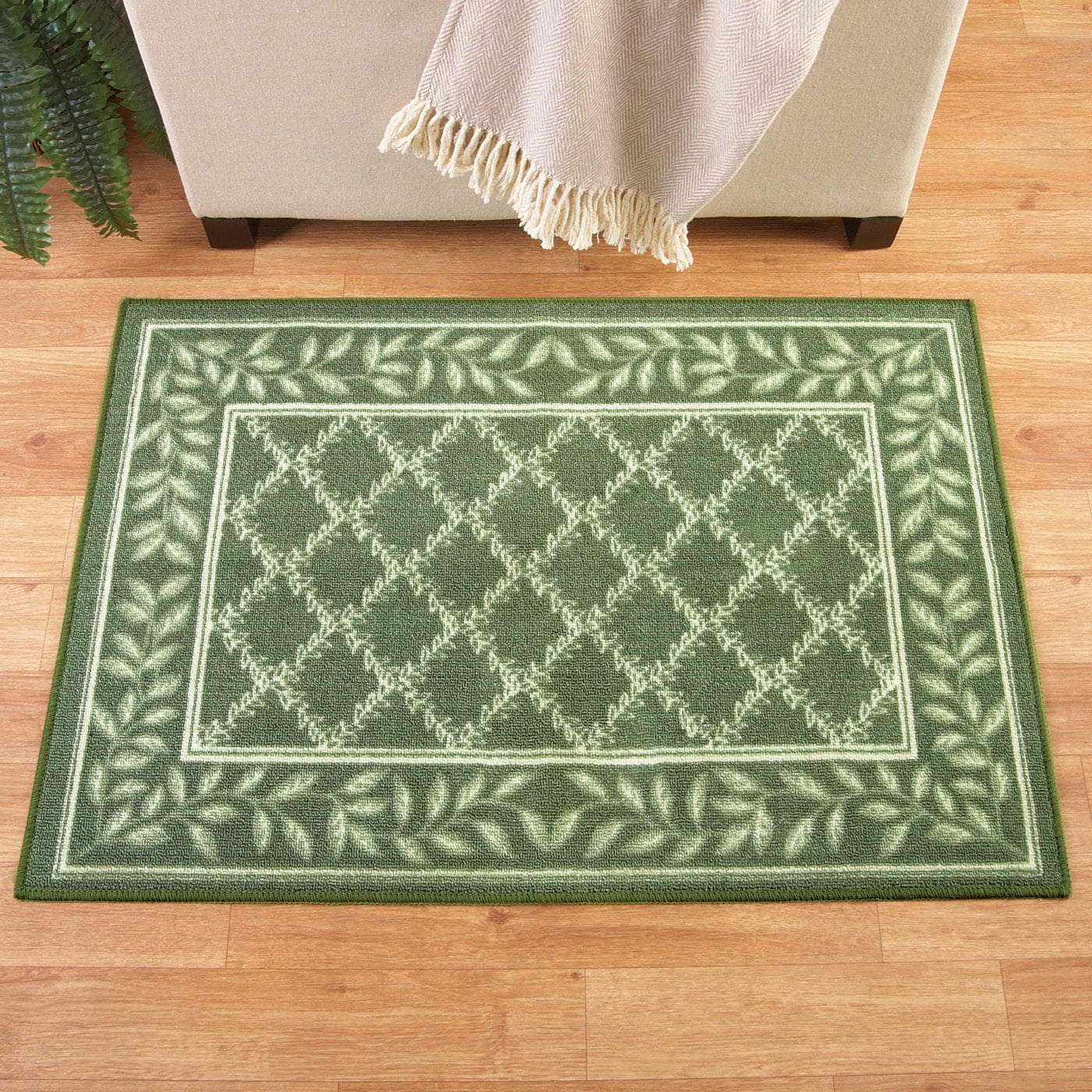 Sage Green Synthetic Runner Rug with Leaf Border, 26" x 60"