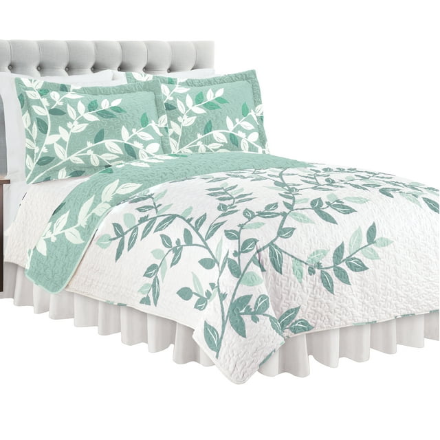 Collections Etc Unique Reversible Tonal Branches and Leaves Quilt Sage King