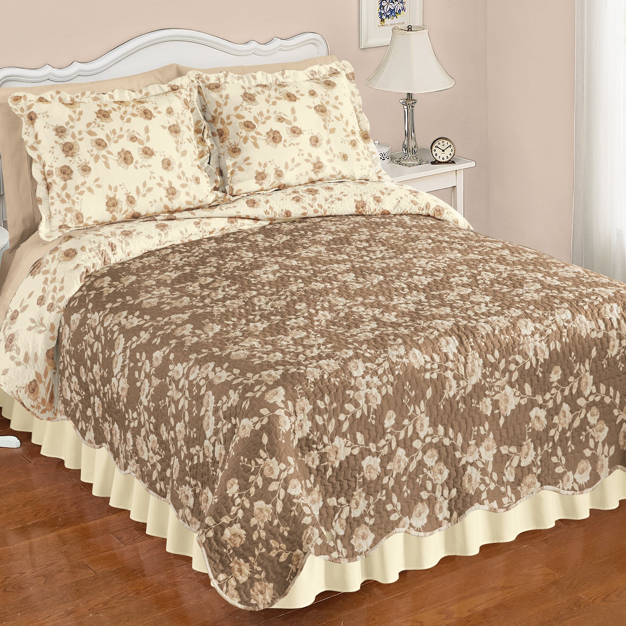 Collections Etc Unique Rose Reversible Scalloped Edge Quilt Taupe - King