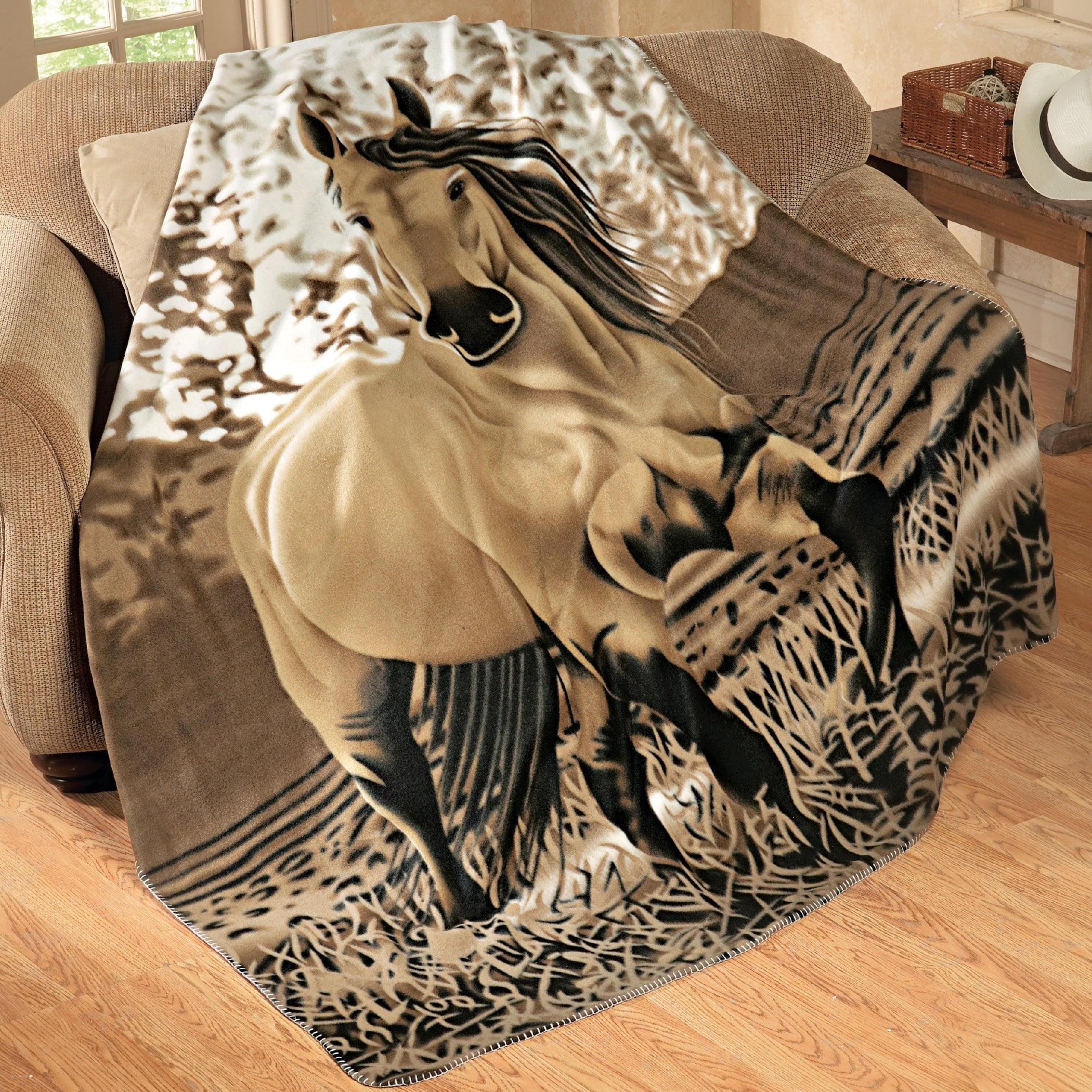 Western Horse Print Beige and Brown Fleece Throw Blanket