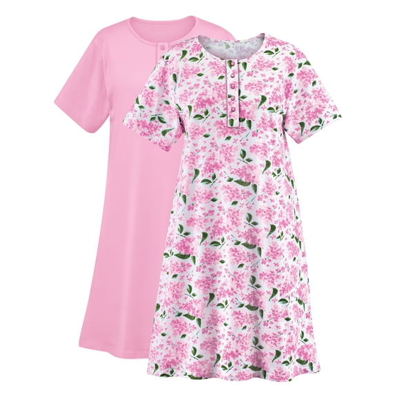 Collections Etc Women's 2-Pack Comfortable Printed Henley-Style Short Sleeve Nightgown Pink XX-Large