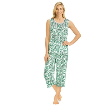 Collections Etc Women's 2-Piece Floral Lace Trim Sleeveless Capri Pajama Set Mint X-Large