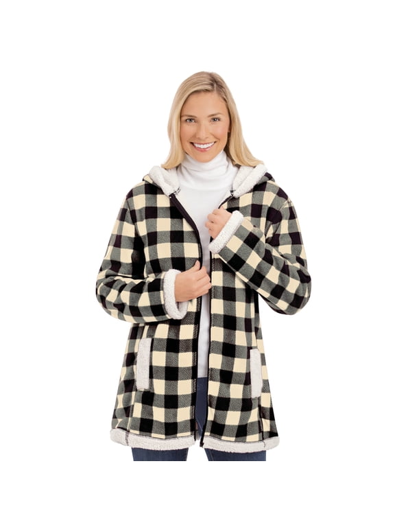 Collections Etc Women's Buffalo Check Sherpa Lined Fleece Zip Hooded Jacket Ivory X-Large