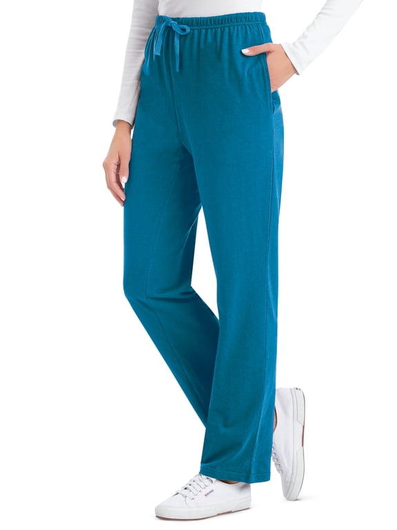 Collections Etc Women's Comfortable Elastic Waist Cotton Drawstring Knit Pants Teal X-Large