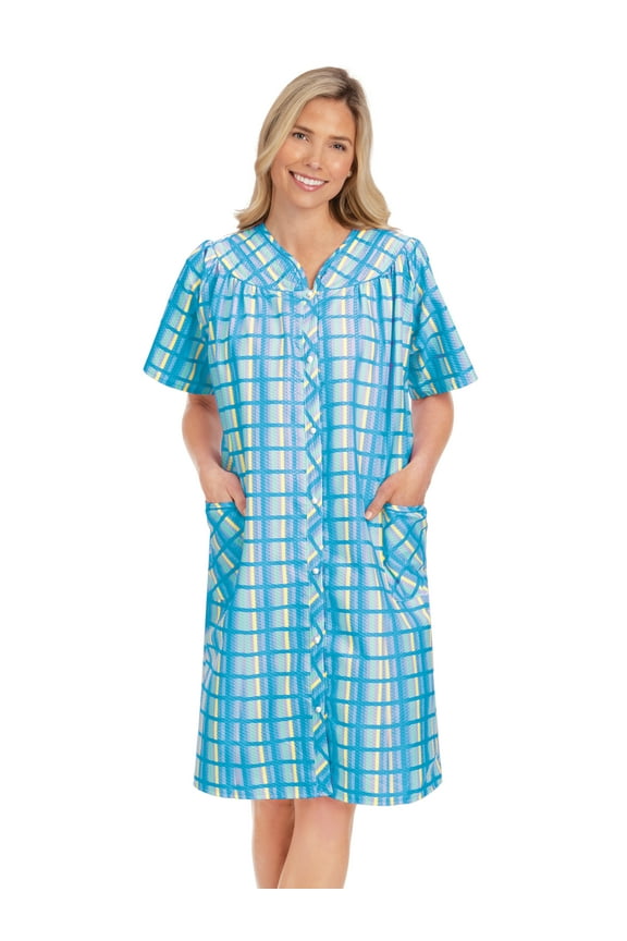 Collections Etc Women's Comfortable Plaid Snap Front Short Sleeve Robe Blue X-Large