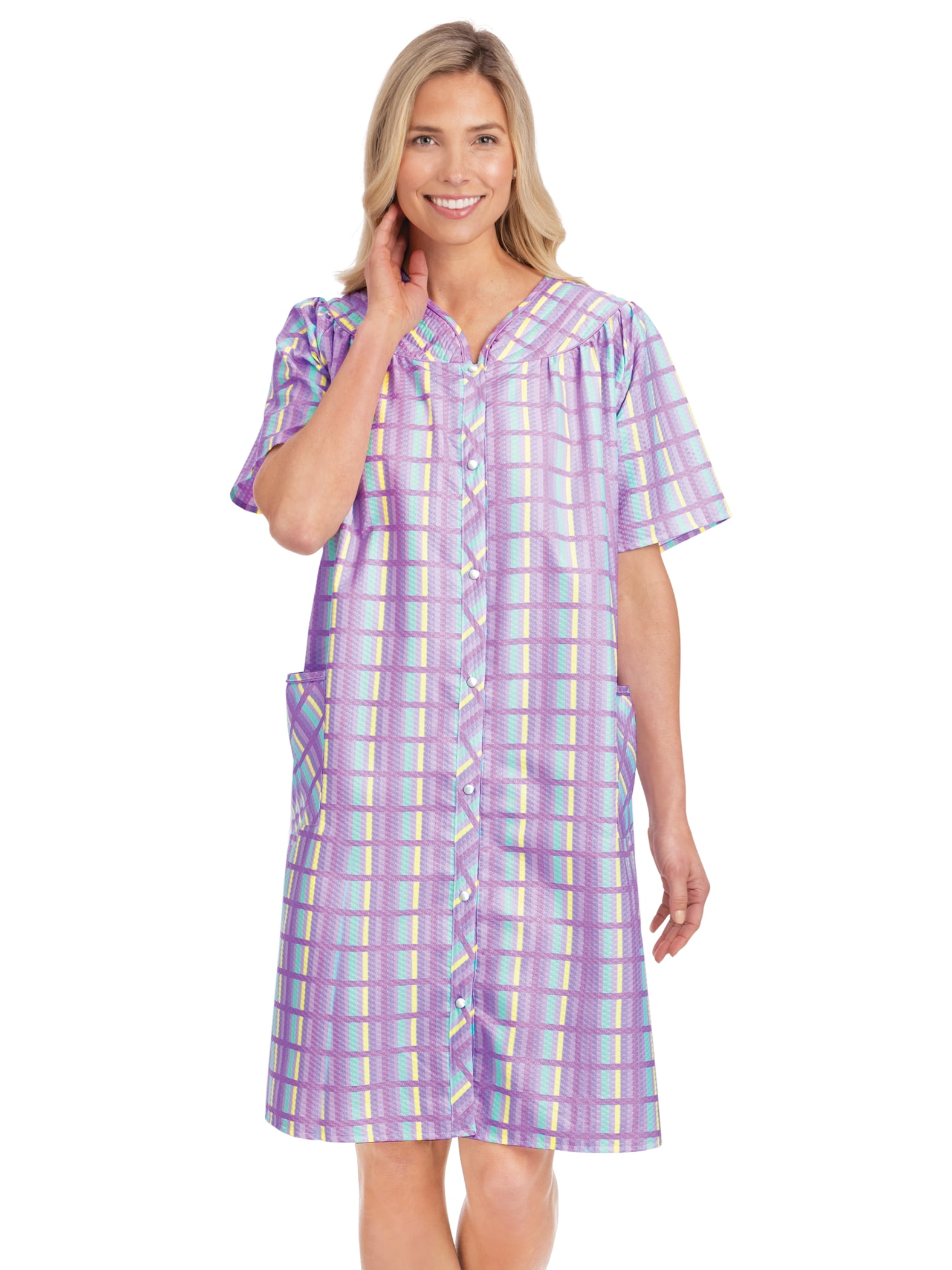 Collections Etc Women's Comfortable Plaid Snap Front Short Sleeve Robe ...