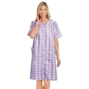 Collections Etc Women's Comfortable Plaid Snap Front Short Sleeve Robe Lilac Large