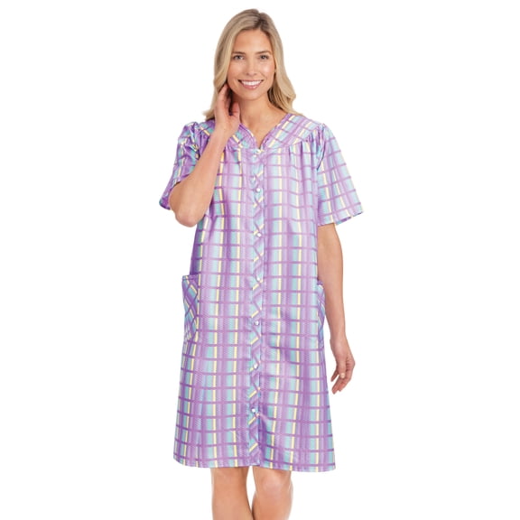 Collections Etc Women's Comfortable Plaid Snap Front Short Sleeve Robe Lilac XX-Large