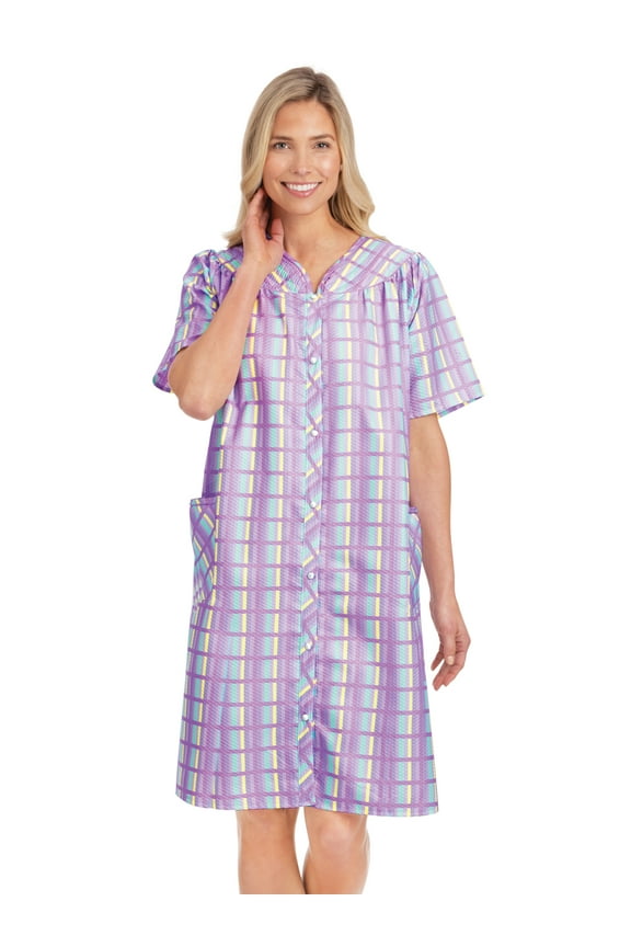 Collections Etc Women's Comfortable Plaid Snap Front Short Sleeve Robe Lilac XX-Large
