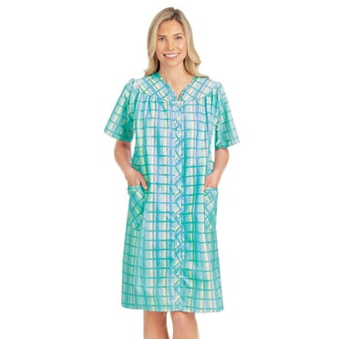 Collections Etc Women's Comfortable Plaid Snap Front Short Sleeve Robe Mint Medium