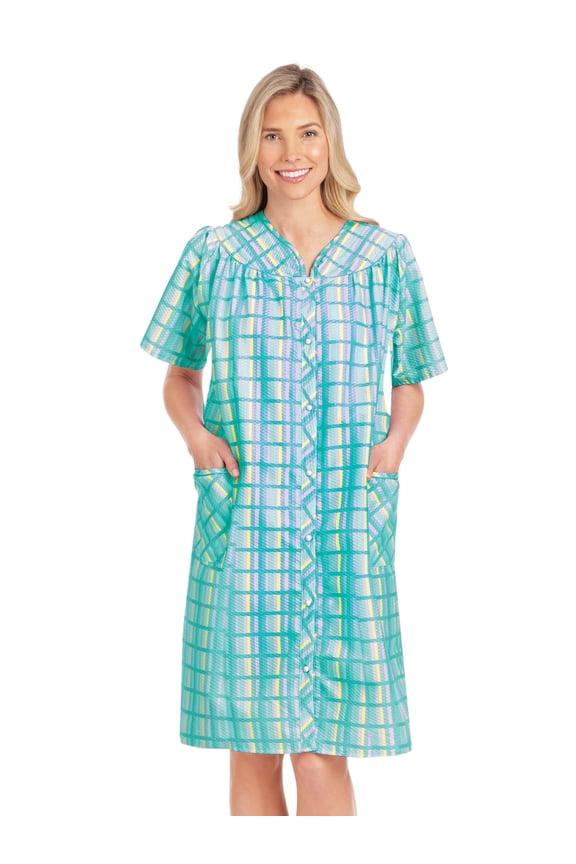 Collections Etc Women's Comfortable Plaid Snap Front Short Sleeve Robe Mint X-Large