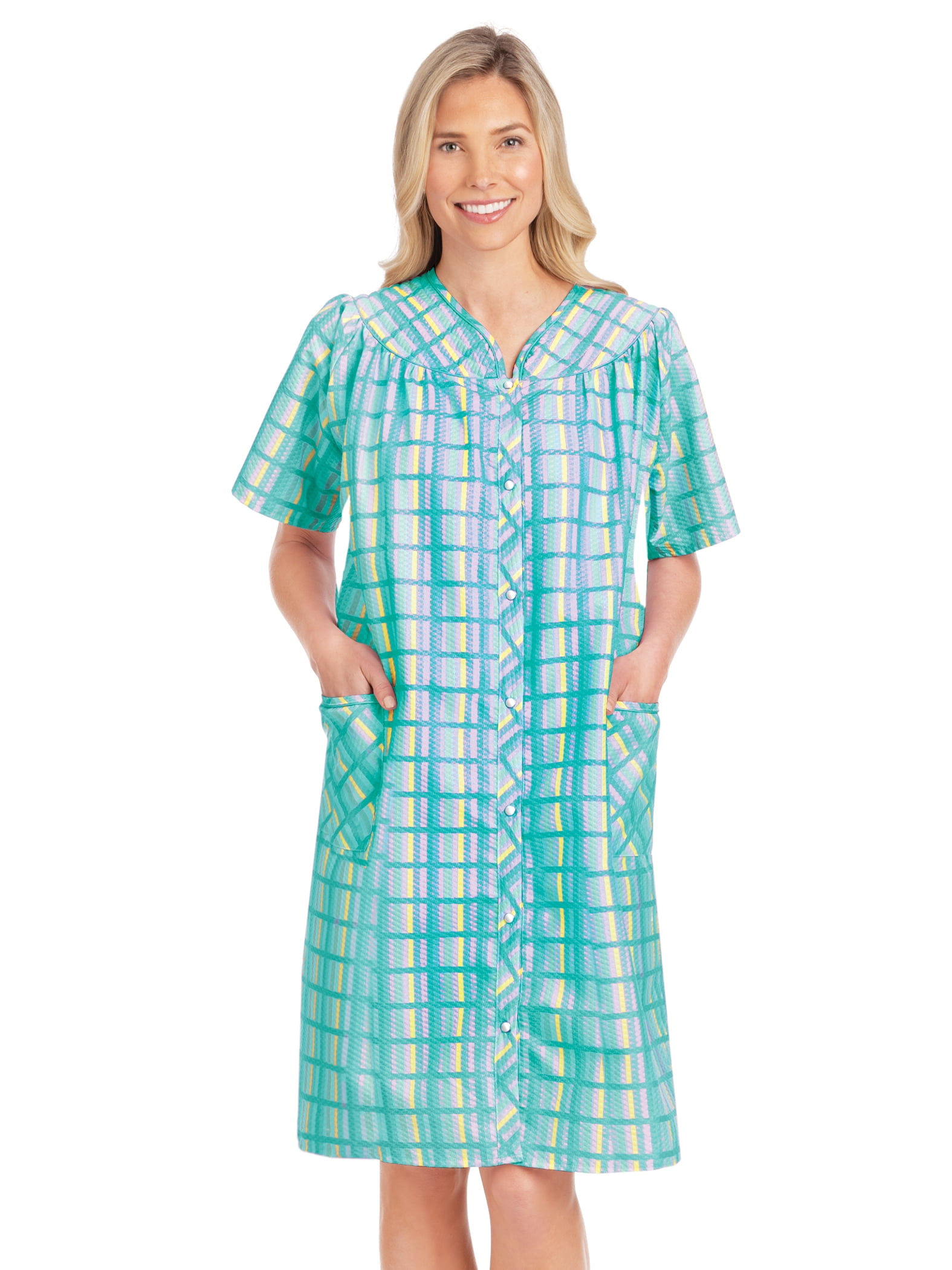 Collections Etc Women's Comfortable Plaid Snap Front Short Sleeve Robe ...