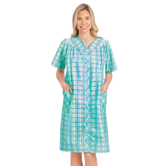 Collections Etc Women's Comfortable Plaid Snap Front Short Sleeve Robe Mint XX-Large