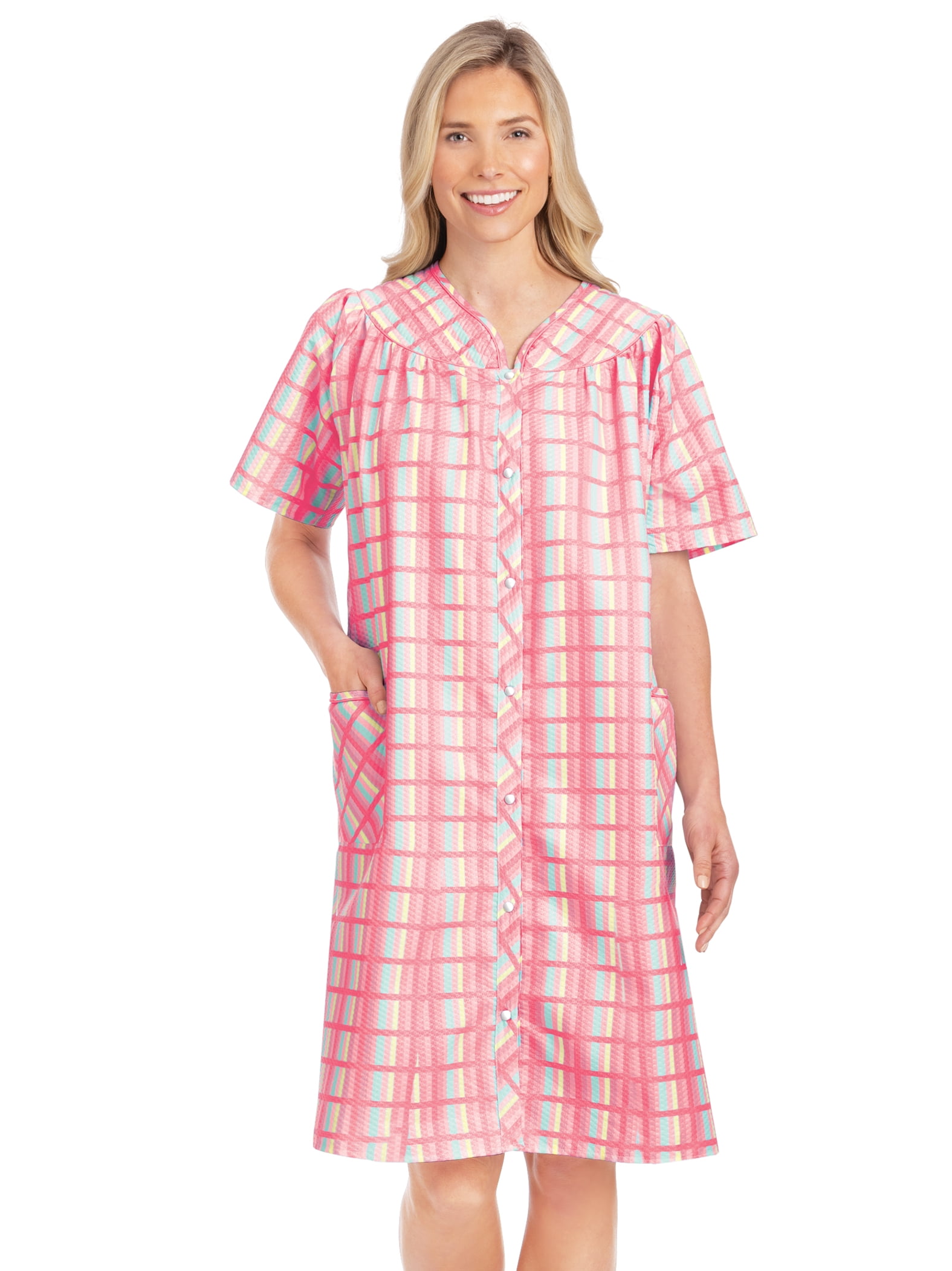 Pink Cashmere Short Robe Collections Etc Women's Comfortable Plaid Snap Front Short Sleeve Robe ...
