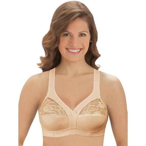 Collections Etc Women's Cotton Bra - Underwire-Free with Lace Accents and Thick Straps for Extra Support, Beige, 36C