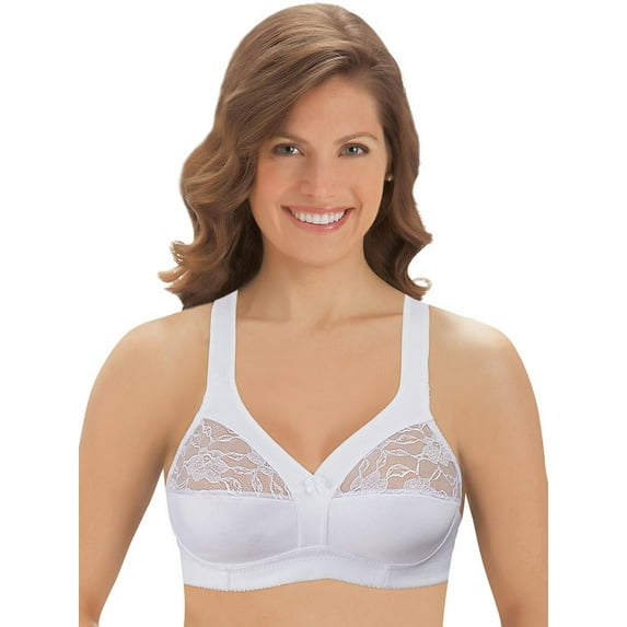 Collections Etc Women's Cotton Bra - Underwire-Free with Lace Accents and Thick Straps for Extra Support, White, 40D