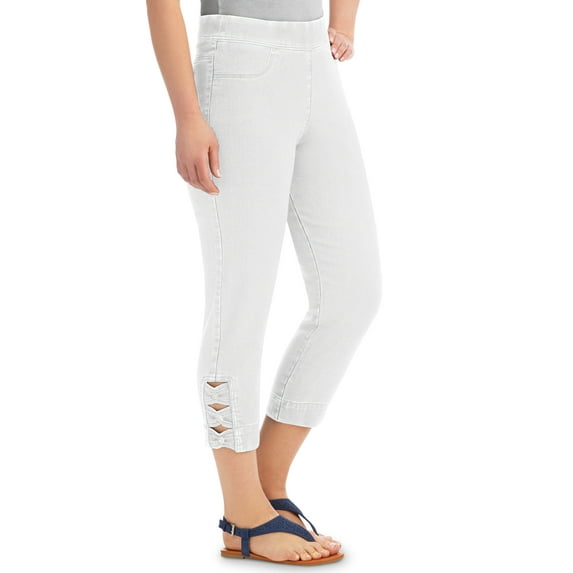 Collections Etc Women's Denim Capri Jean Pants with Decorative Button Detail at Hem White Small