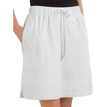 Collections Etc Women's Drawstring Cotton Knit Pull-On Skort with Elastic Waistband - Casual Summer Apparel, White, Large